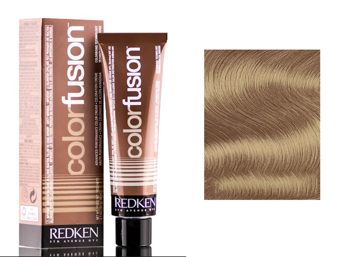 Redken Color Fusion hair dye with packaging and color swatch on a white background