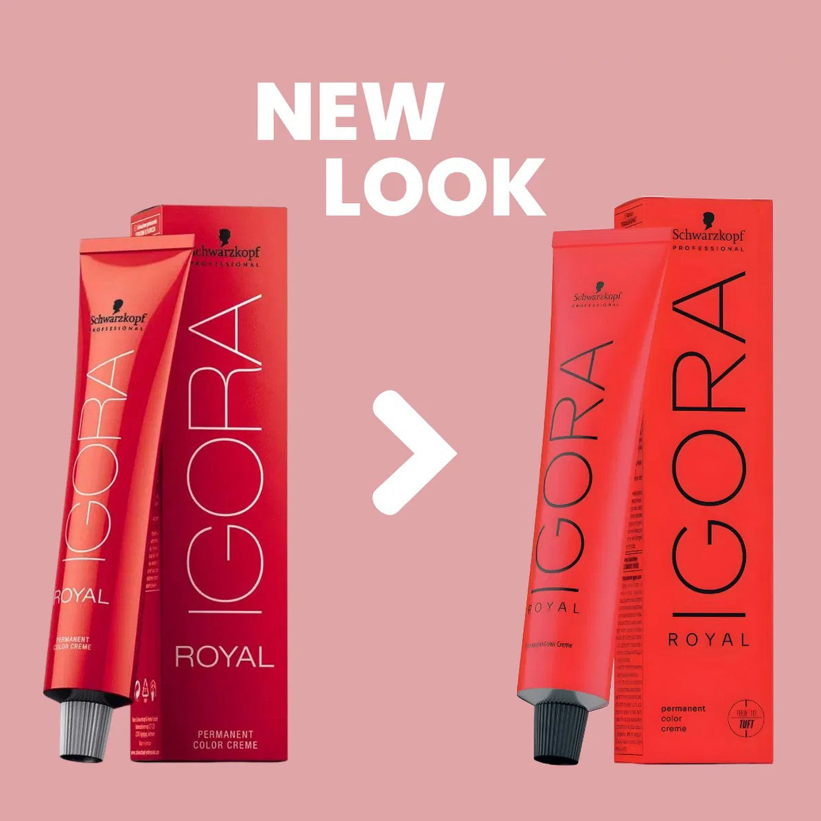 Red IGORA Royal hair color tubes and packaging on a pink background with 'NEW LOOK' text.